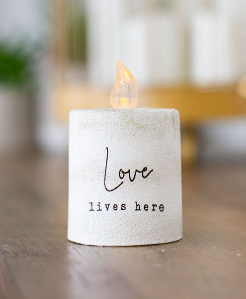 LOVE LIVES HERE WHITE CEMENT TIMER PILLAR