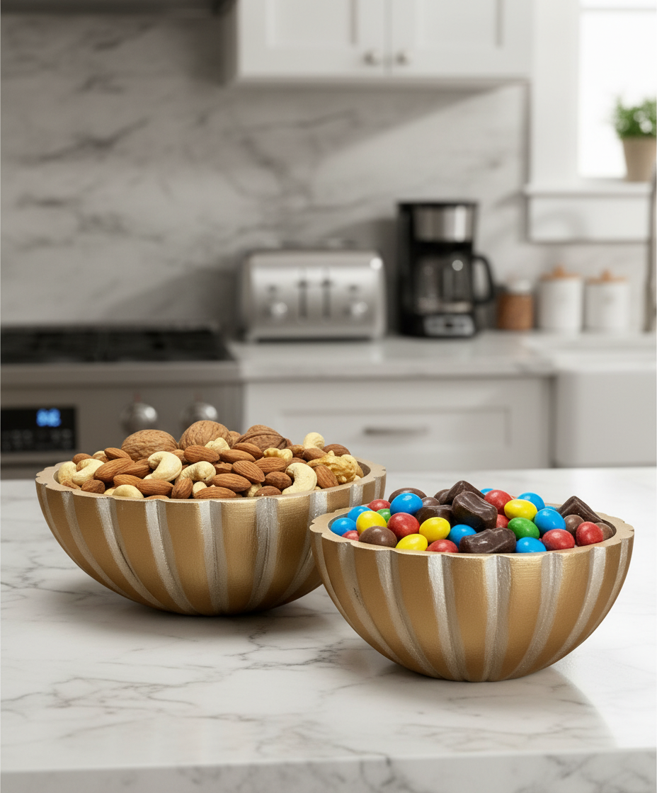 S/2 STRIPED CARVED WOODEN BOWLS