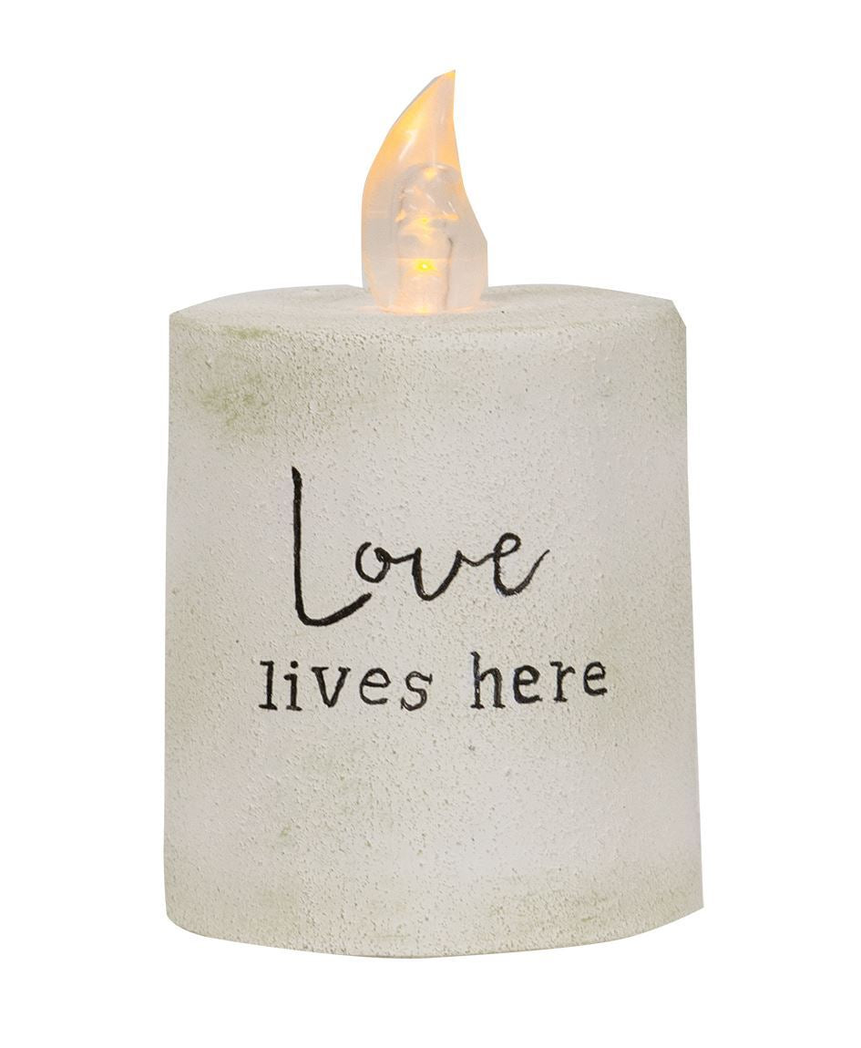 LOVE LIVES HERE WHITE CEMENT TIMER PILLAR