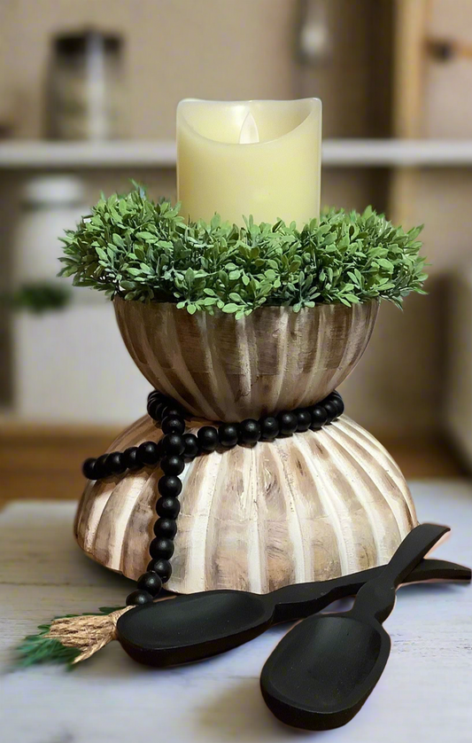 S/2 STRIPED CARVED WOODEN BOWLS